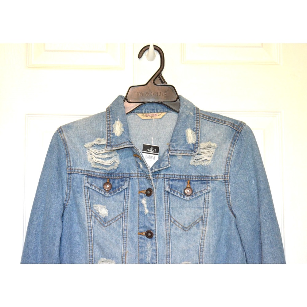 =====Highway Jeans Blue Distressed Denim Jean Crop Jacket‎ Women's Size M Nwt's - Picture 5 of 16